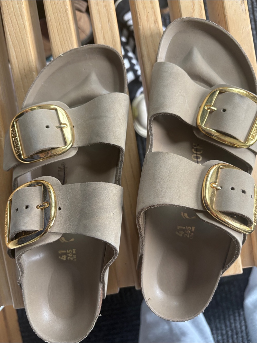Birkenstock Taupe Sandals with Gold Buckles - Picture 8 of 8